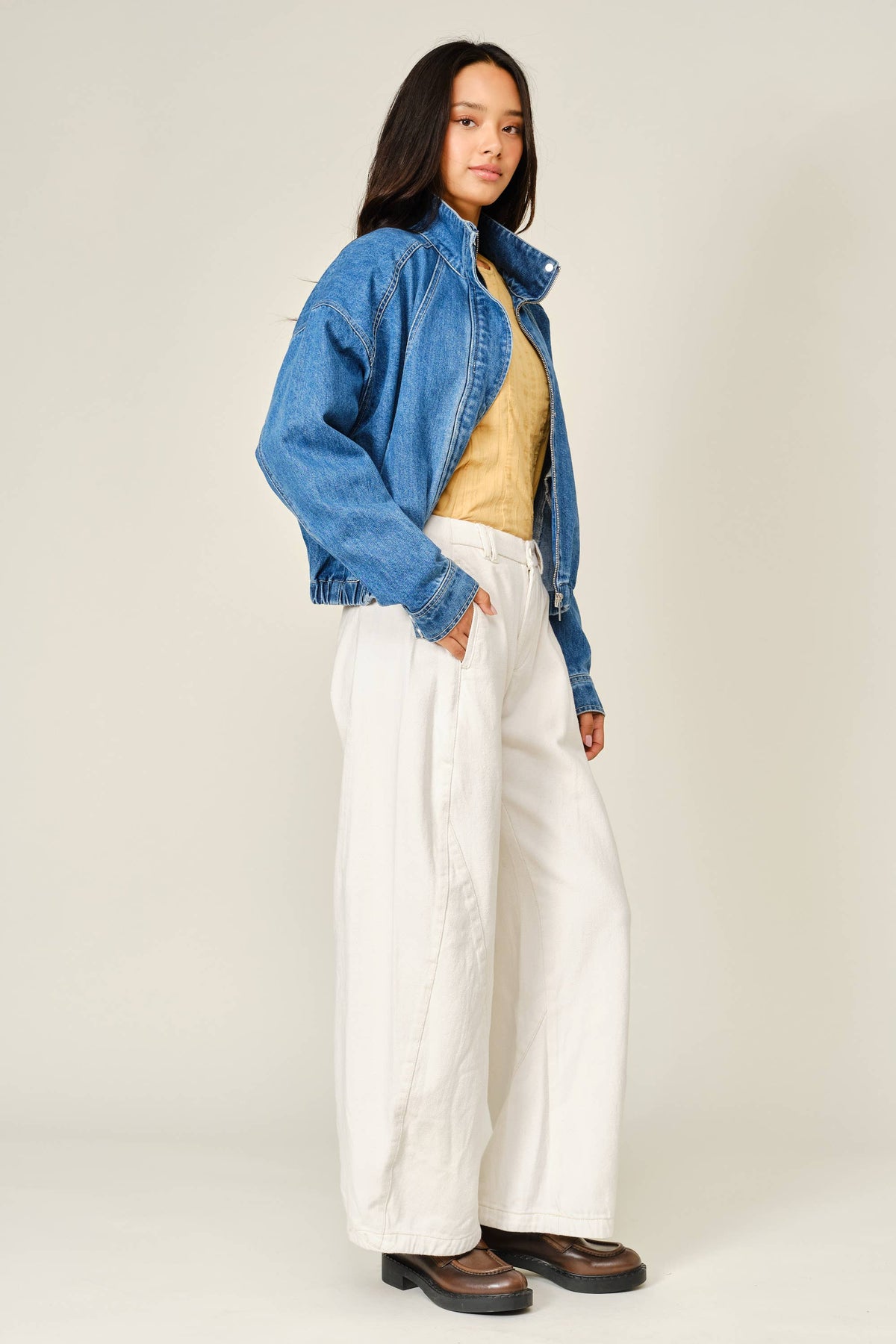 Aaron & Amber WASHED DENIM FUNNEL BOMBER JACKET