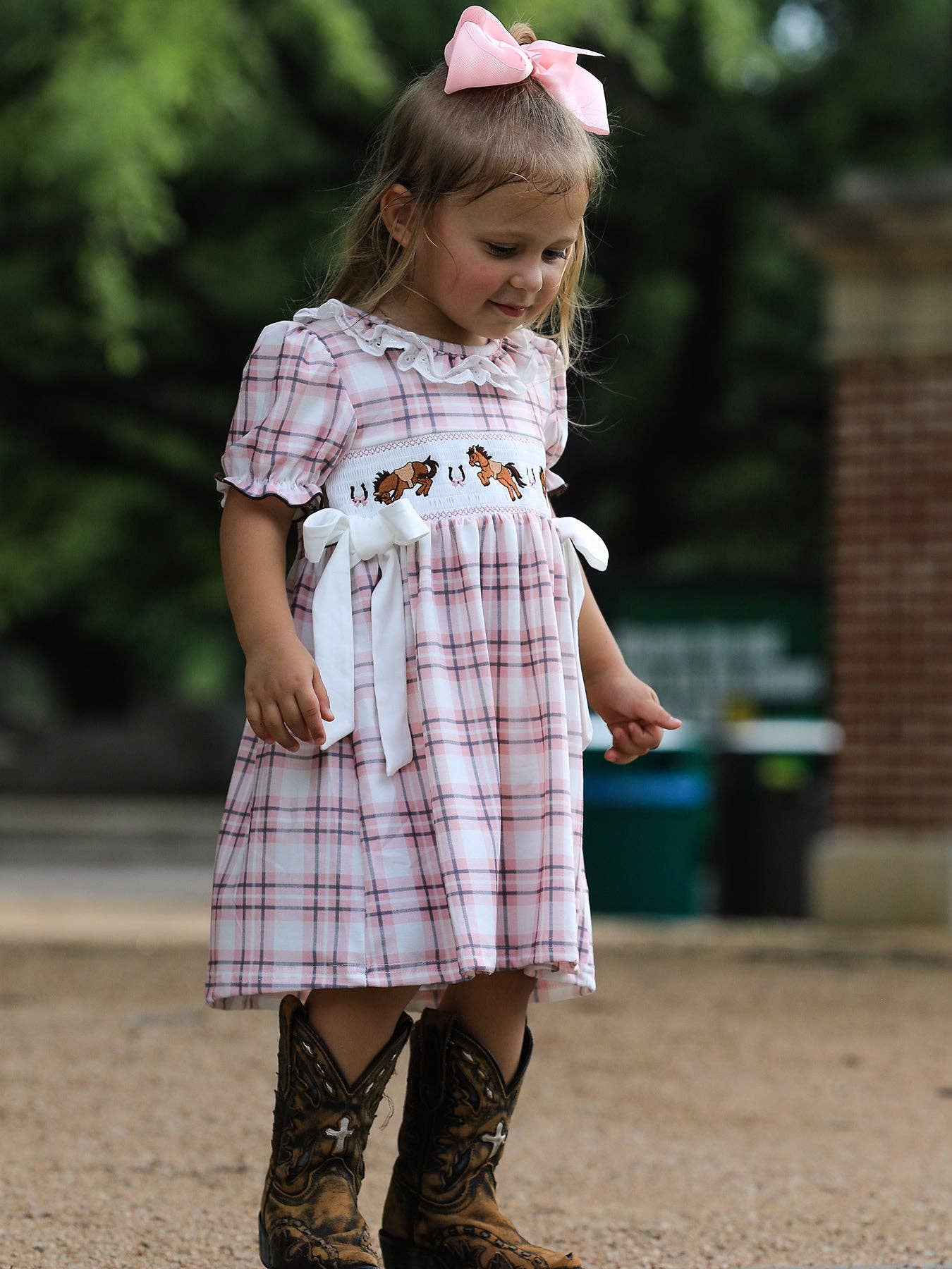 Rylee Faith Designs Western Horse Embroidered Smocked Plaid Girls Dress