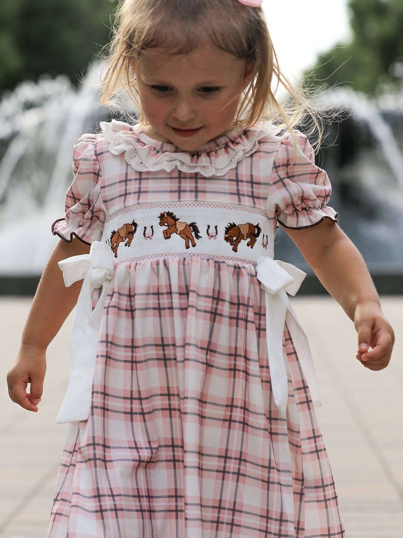 Rylee Faith Designs Western Horse Embroidered Smocked Plaid Girls Dress