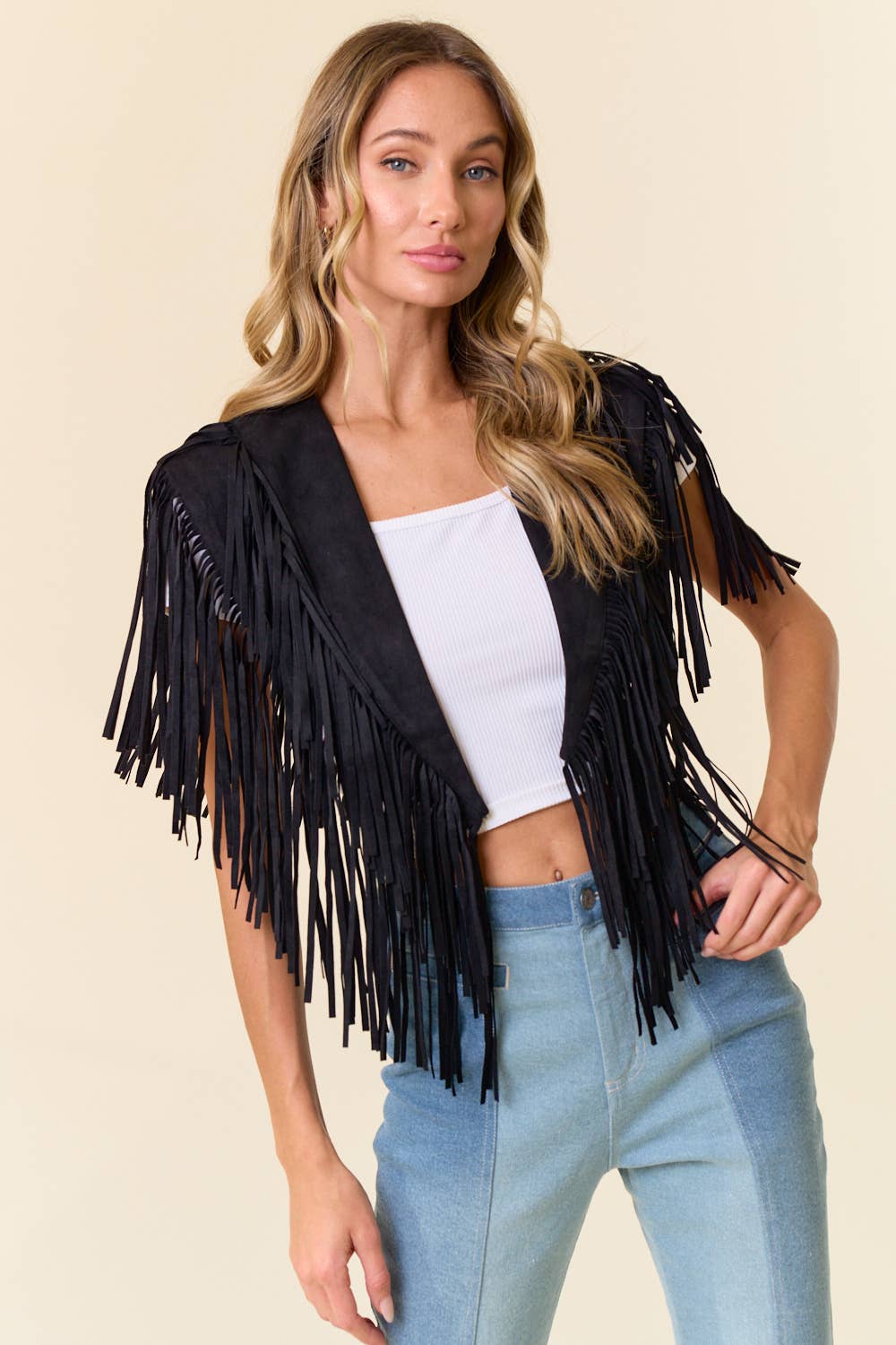 Saints & Hearts Black Fringe Suede Collar Shrug