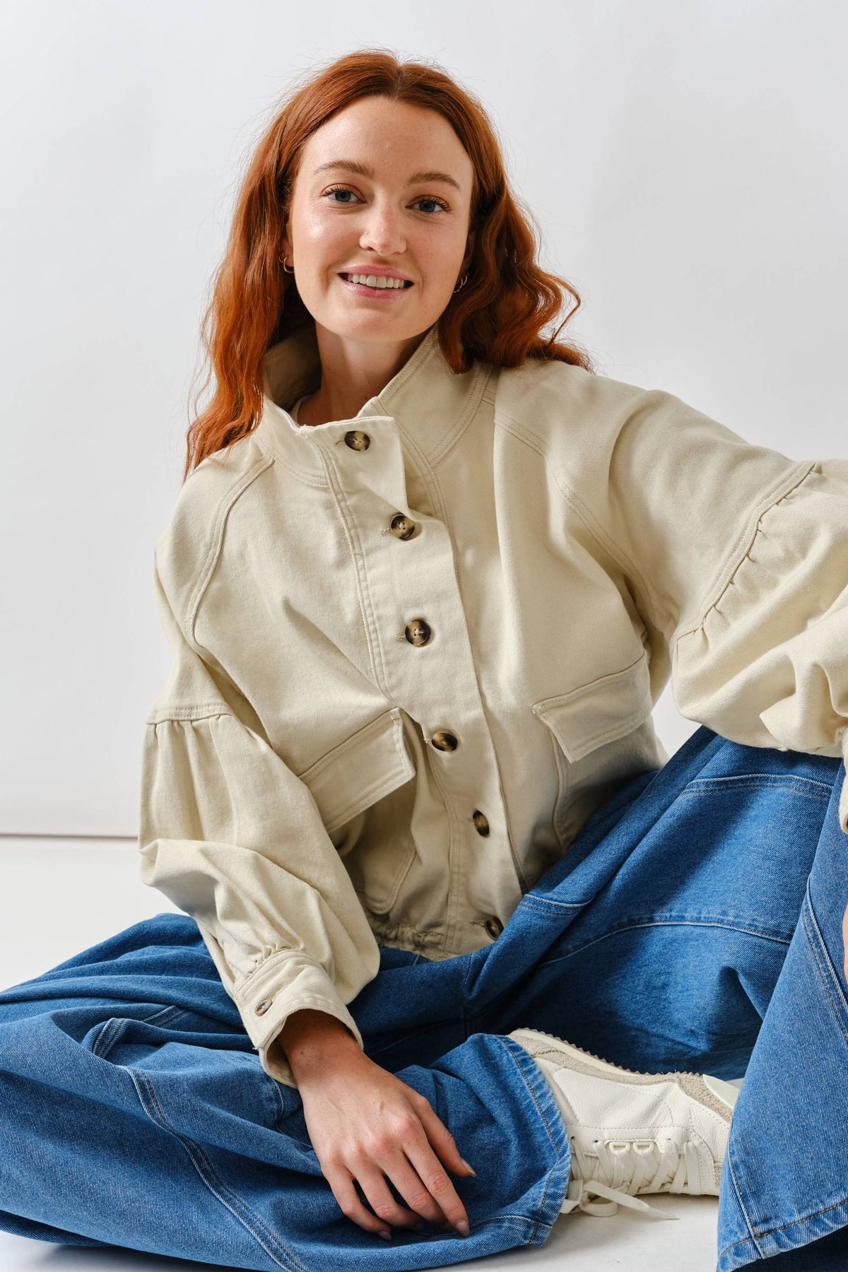 Aaron & Amber Ballon Sleeve Twill Jacket Drawstring Waist
