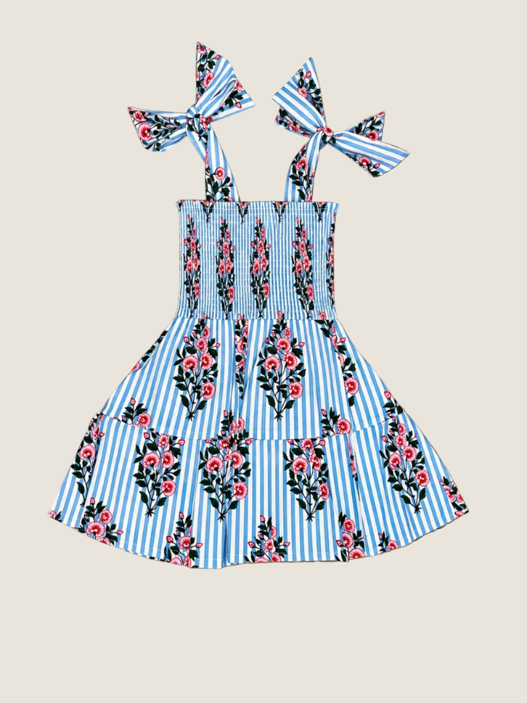 Lilbelle Joy Bow Girl Dress- Pinstripe Floral Blue