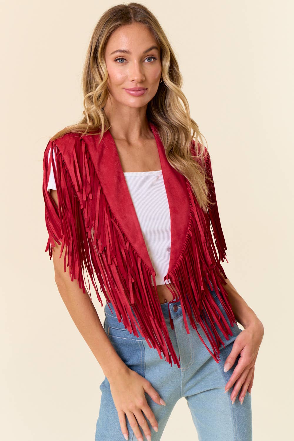 RED TRENDY WESTERN FRINGE SUEDE COLLAR / SHRUG