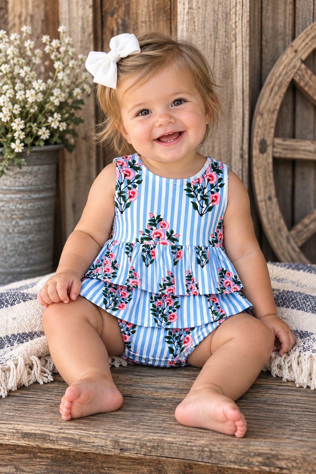 Lilbelle Dottie Bubble- Pinstripe Floral Blue