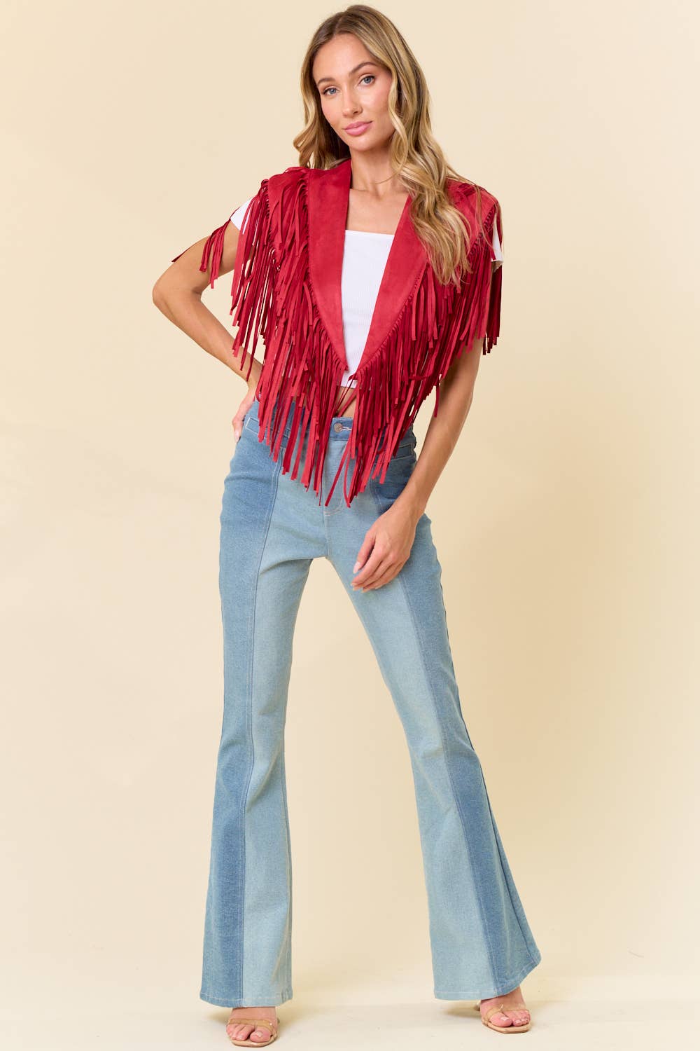 RED TRENDY WESTERN FRINGE SUEDE COLLAR / SHRUG