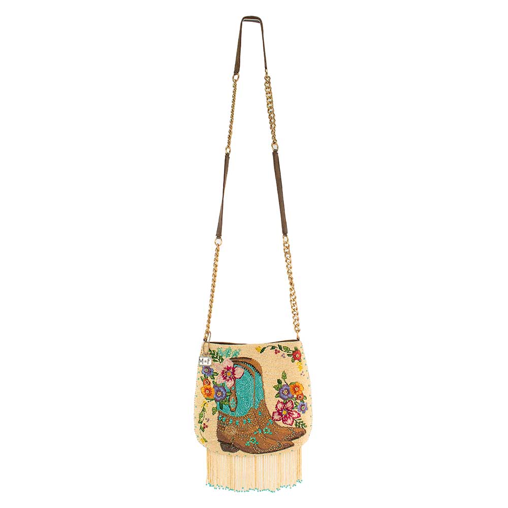 Mary Frances Beaded Cowboy Boots and Flowers Crossbody Handbag