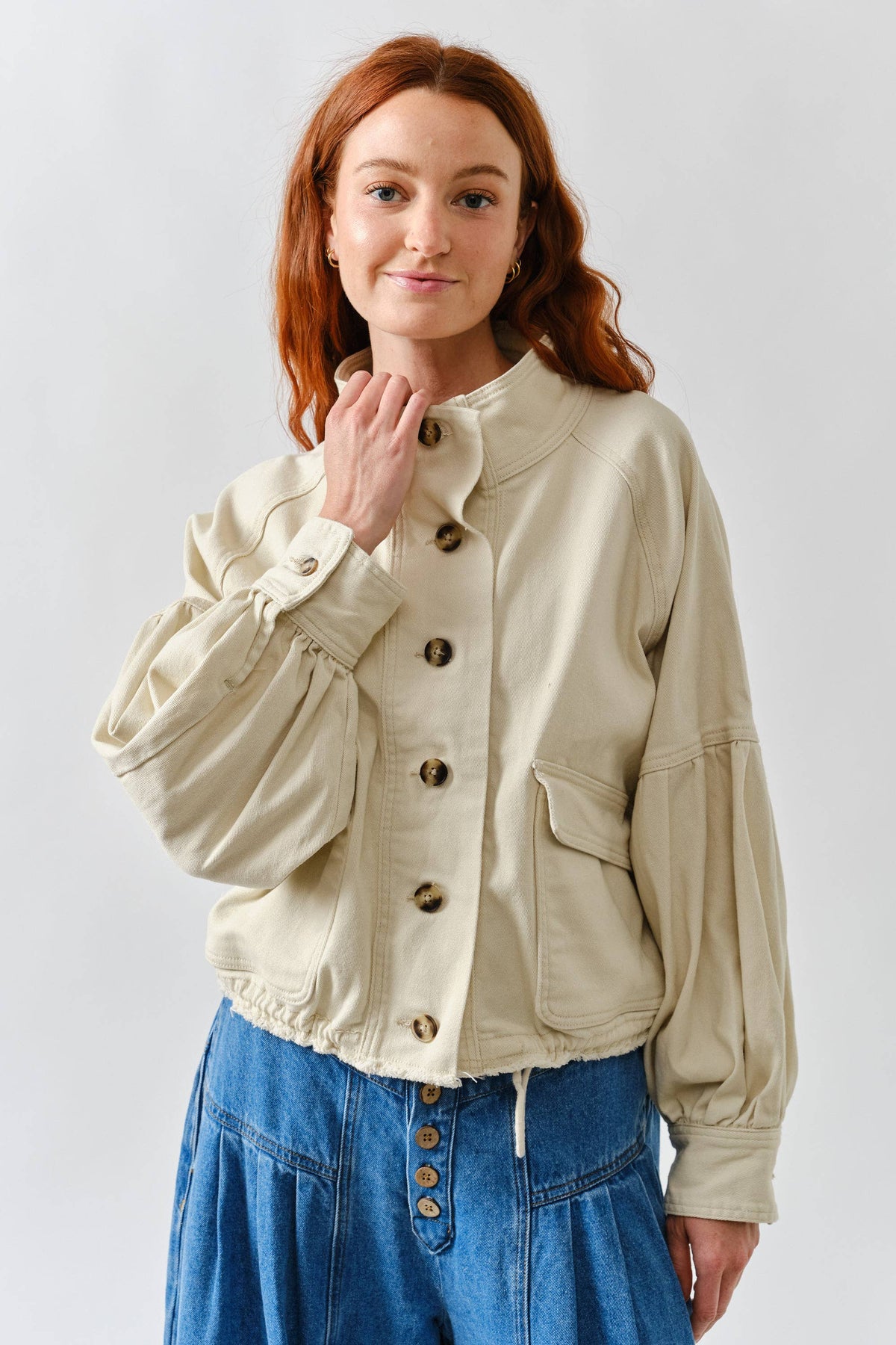 Aaron & Amber Ballon Sleeve Twill Jacket Drawstring Waist
