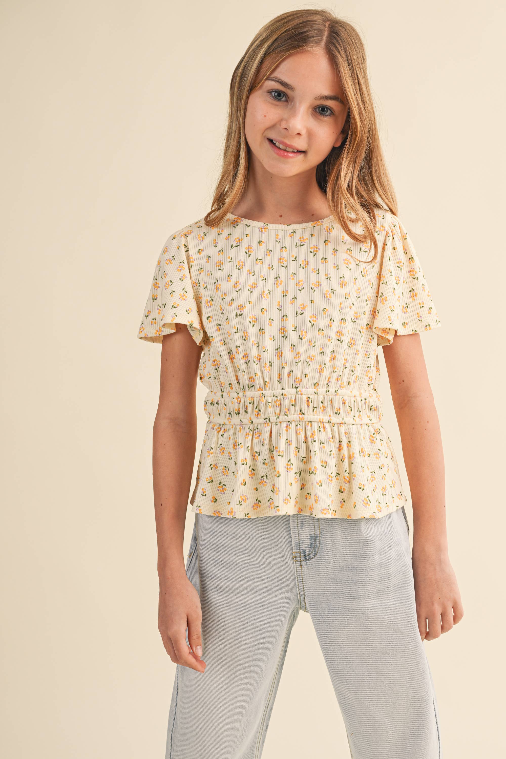 Heart and Arrow Kids Girls Round Neck Flutter Slv Peplum Top