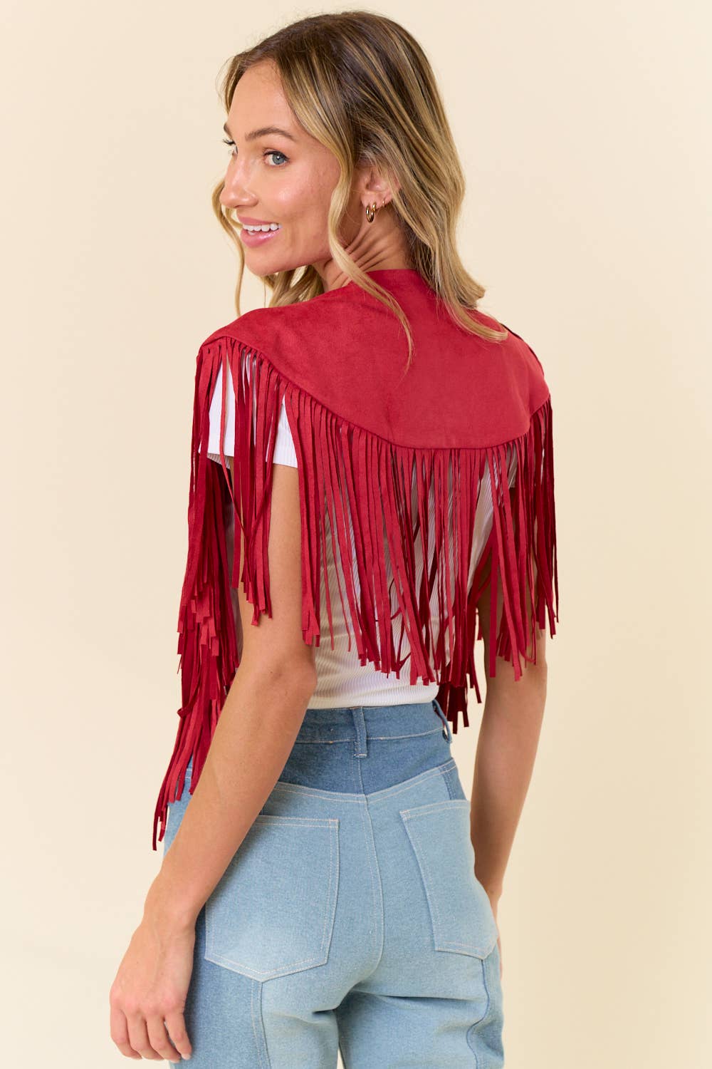 RED TRENDY WESTERN FRINGE SUEDE COLLAR / SHRUG