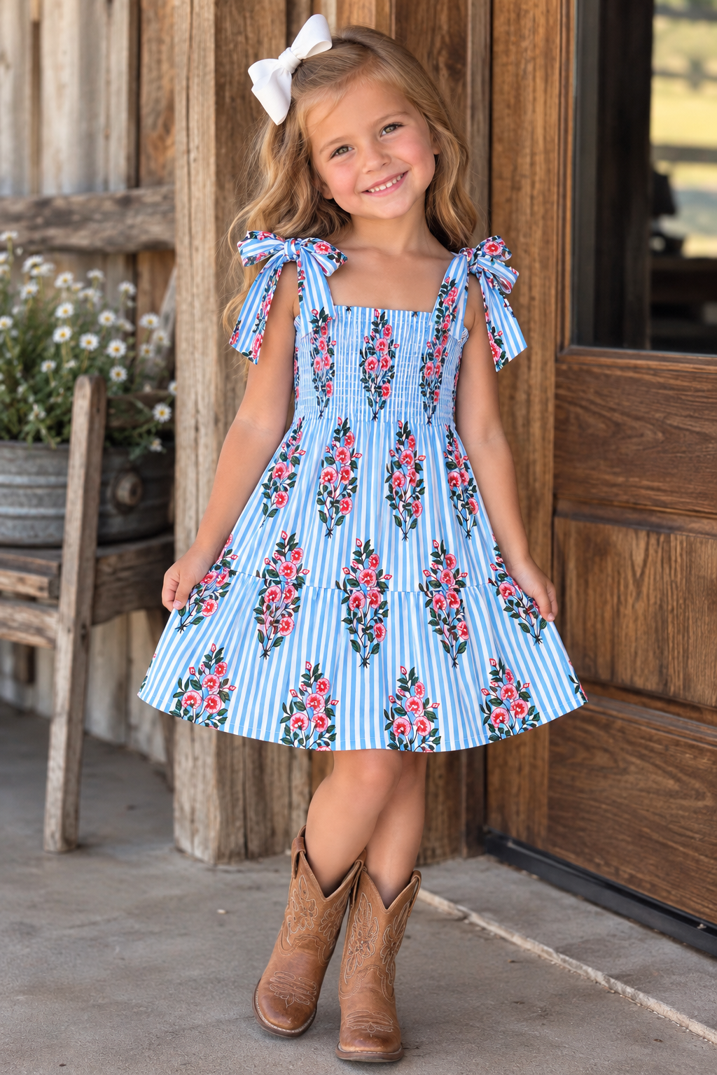 Lilbelle Joy Bow Girl Dress- Pinstripe Floral Blue