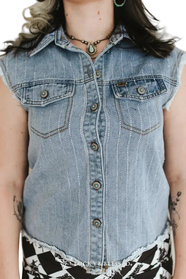 Women's Lucky & Blessed Mid Wash Strech Denim Rhinestone Detail Concho Button Down Sleeveless Shirt