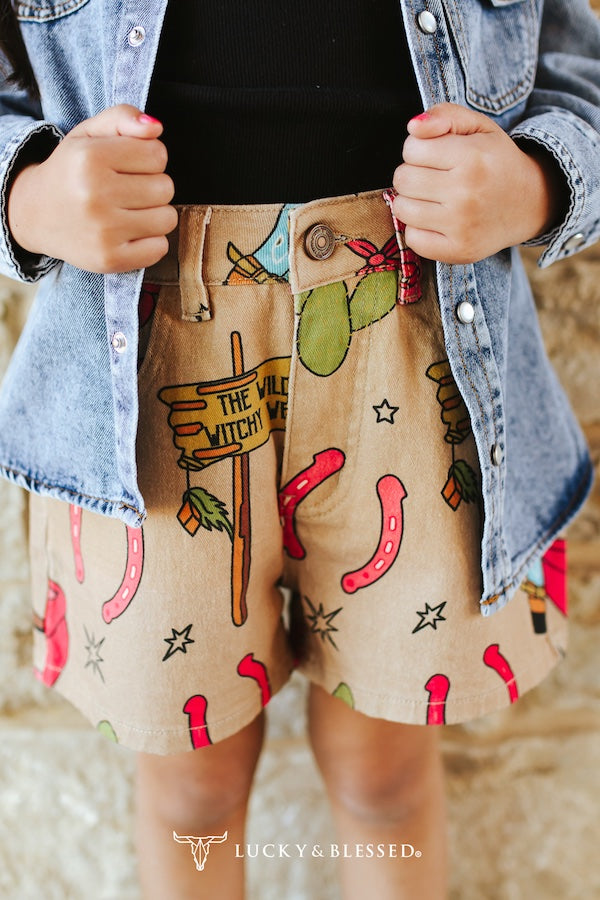 Lucky & Blessed Girls Western Printed High Rise Wide Leg Shorts (2.5in Inseam)