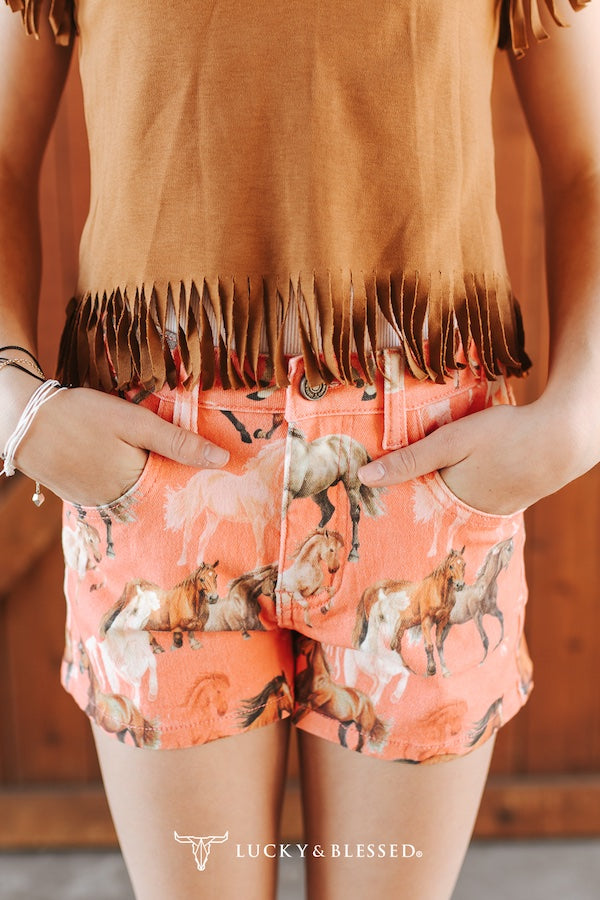 Lucky & Blessed Girls Horse Printed High Rise Wide Leg Shorts (2.5in Inseam)
