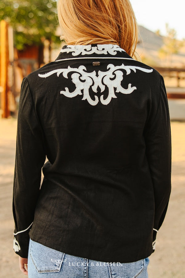 Lucky & Blessed Women's Black Ivory Patch Embroidered Boot Stitch Contrast Piping Button Down Shirt