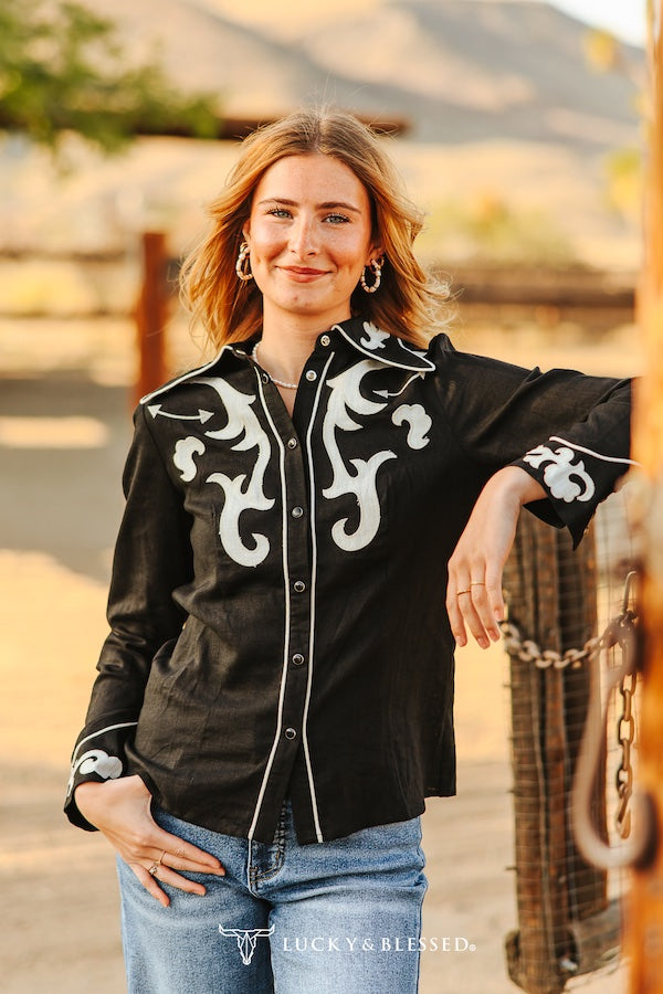 Lucky & Blessed Women's Black Ivory Patch Embroidered Boot Stitch Contrast Piping Button Down Shirt